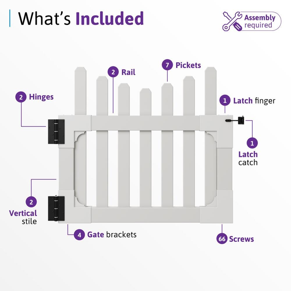 3ft H x 3.5ft W White Vinyl Picket Yard Gate with Hardware