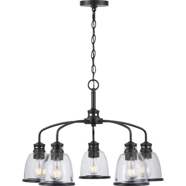 Progress Lighting Pelzer 5-Light Matte Black Chandelier with Clear Glass Shades
