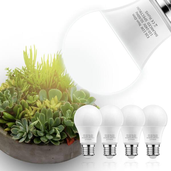 11-Watts Equivalent E26 A19 Medium Base Full Spectrum Plant Growing LED Bulbs(4-Pack)