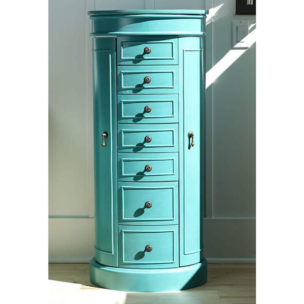Turquoise Wood Free Standing Jewelry Armoire with Mirror