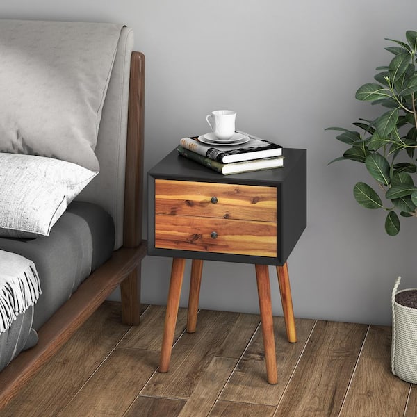 Costway 2-Drawer Black Nightstand 23.5 in. x 16 in. x 16 in.