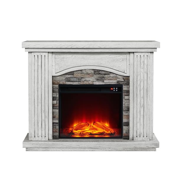 FESTIVO 47 in. Stone Surrounded Freestanding Electric Fireplace in White