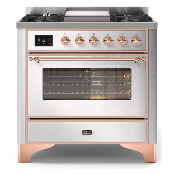 Majestic II 36 in. Single Oven Dual Fuel Range with 6 Sealed Burners, Glass Door, Copper Trim in Stainless Steel