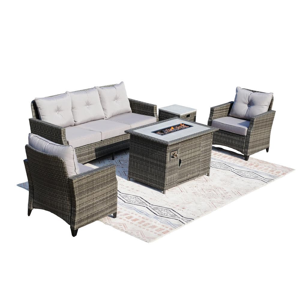 Belle 5-Piece Wicker Patio Fire Pit Conversation Set with Gray Cushions and Rectangular Fire Pit Table price history on PriceWatchPro