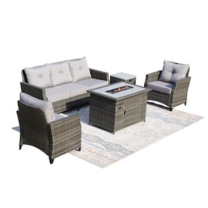 Belle 5-Piece Wicker Patio Fire Pit Conversation Set with Gray Cushions and Rectangular Fire Pit Table