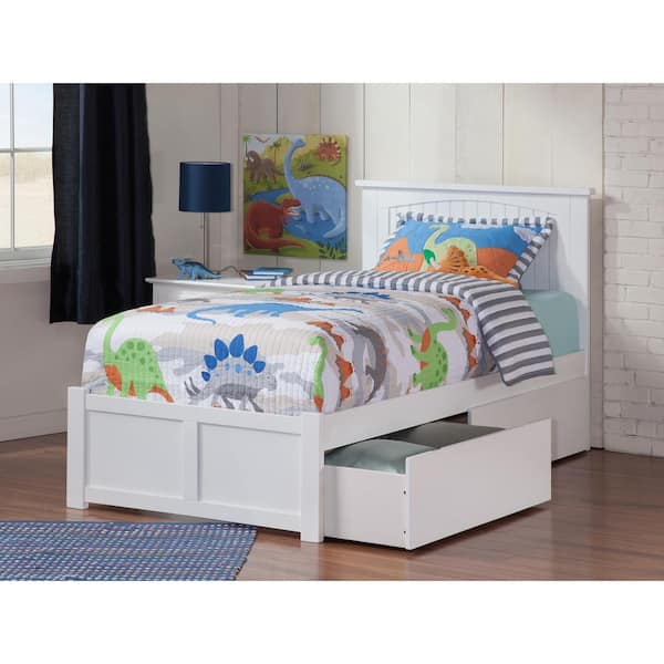 AFI Nantucket White Twin Solid Wood Storage Platform Bed with Flat Panel Foot Board and 2 Bed Drawers