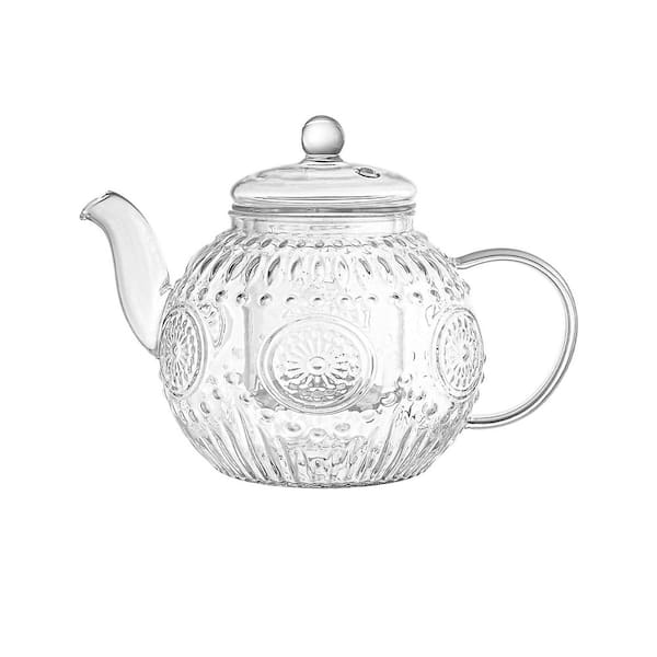 4-Cup Clear Vintage Glass Teapot, 32 oz. Tea Kettle with Removable Infuser, Borosilicate Glass Pot, Stovetop Safe