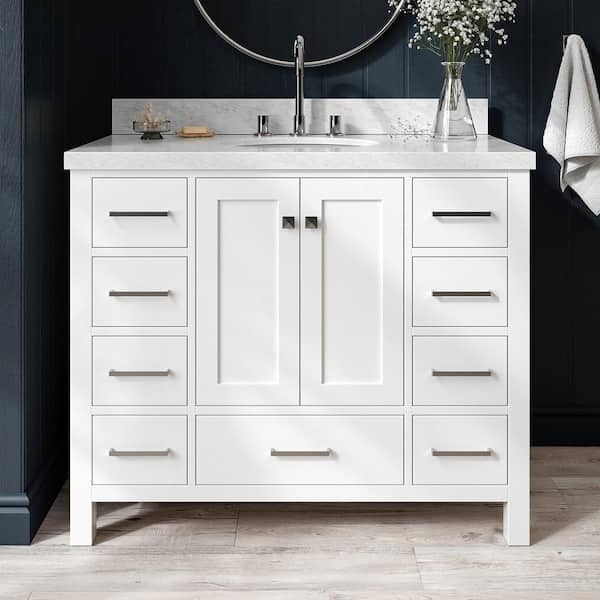 ARIEL Cambridge 43 in. W x 22 in. D x 36 in. H Bath Vanity in White with Carrara White Marble Top
