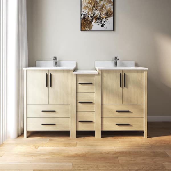 60 in. W x 22 in. D x 34 in. H Double Sink Freestanding Bath Vanity in Oak with White Carrara Cultured Marble Top