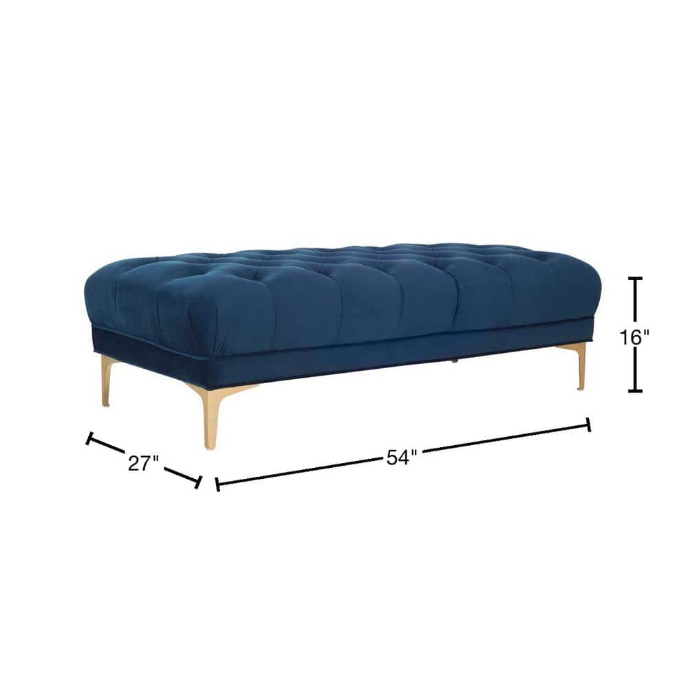 Transitional Navy Velvet Tufted Bench with Brass Legs