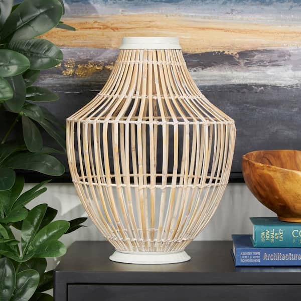 Litton Lane 17 in. Brown Handmade Open Frame Bamboo Wood Decorative Vase with White Metal Accents