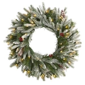 24 in. Pre-Lit Snowed Artificial Christmas Wreath with 50 Warm White LED Lights and Pine Cones