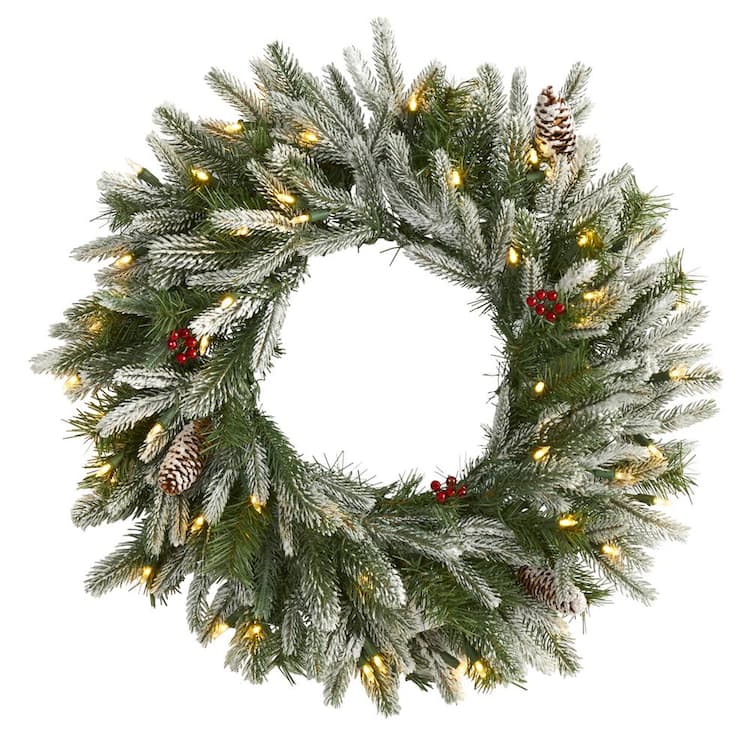 Nearly Natural 24 in. Pre-Lit Snowed Artificial Christmas Wreath with 50 Warm White LED Lights and Pine Cones