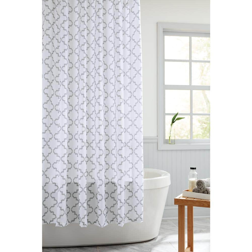 Gray Tile Trellis Fabric Shower Curtain, Gray Shower Curtain Hooks
