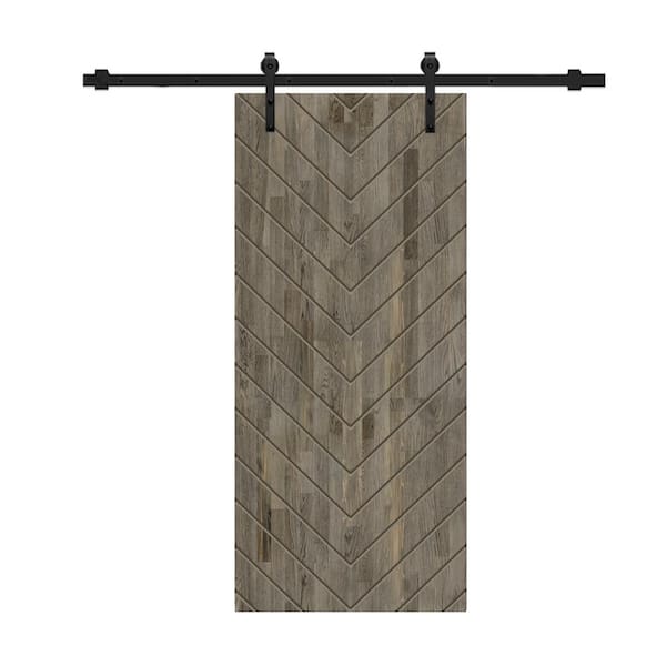 CALHOME Herringbone 30 in. x 84 in. Fully Assembled Weather Gray Stained Wood Modern Sliding Barn Door with Hardware Kit