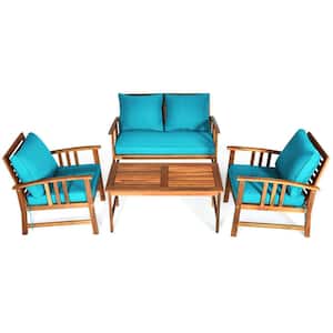 Teak 4-Piece Acacia Wood Outdoor Sofa Patio Conversation Set with Turquoise Cushions