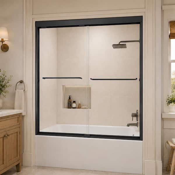 Lntano 60 in. W x 56 in. H Sliding Bath Tub Door in Semi Frameless in Matte Black with Clear Glass