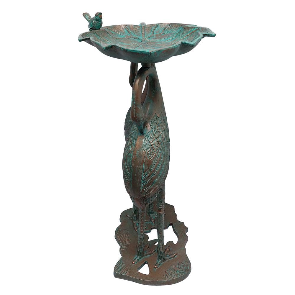 Copper Patina Cast Aluminum Twin Crane Bird Bath with Leaf Bowl