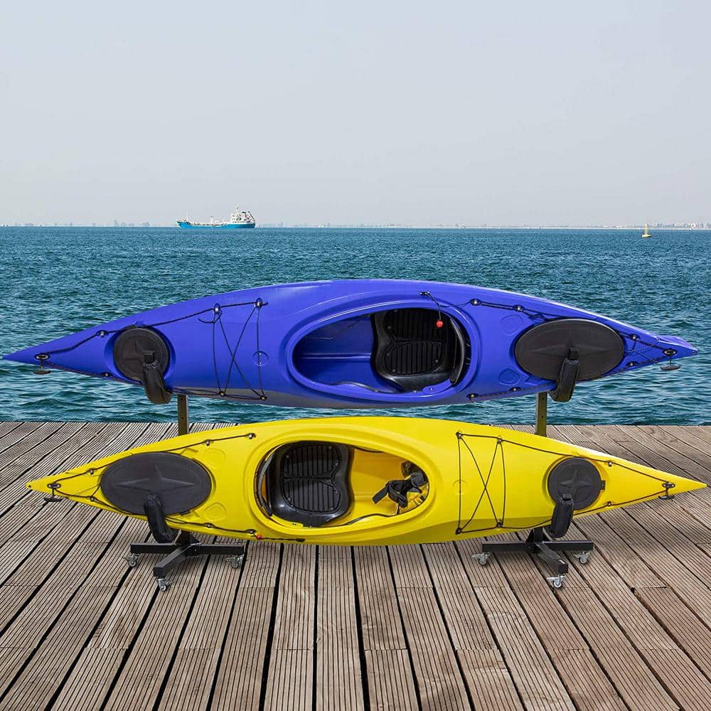 Heavy Duty Black Steel Freestanding 2-Kayak Storage Rack with Wheels
