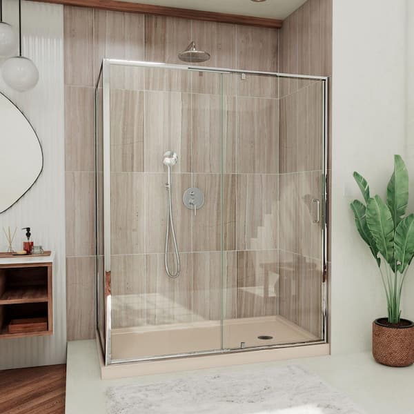 DreamLine Flex 36 in. D x 48 in. W x 74.75 in. Framed Pivot Shower Enclosure in Chrome with Right Drain Biscuit Acrylic Base Kit