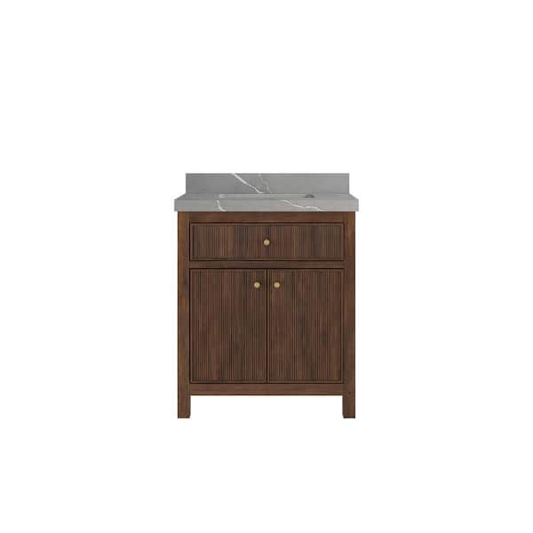Willow Collections Sonoma Teak 30 in. Single Sink Freestanding Dark Walnut Bath Vanity with Piatra Gray Qt. Top Unassembled