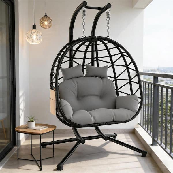 SEEUTEK Double Black Egg Chair Patio Hanging Basket Chair, Rattan