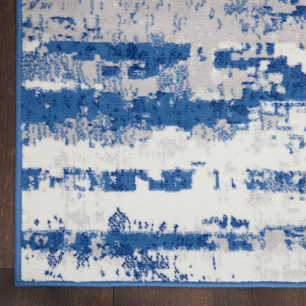 Ivory and Navy Abstract Synthetic Runner Rug