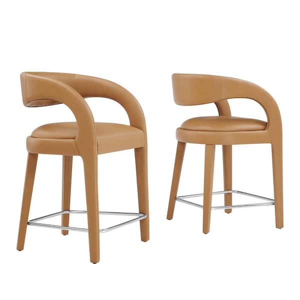 MODWAY Pinnacle 24.5 in.Tan Silver Rubber Wood Faux Leather Counter Stool (Set of 2)