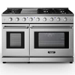 48 in. 7-Burners Natural Gas Double Oven Electric Range Burner Grate in Silver Freestanding