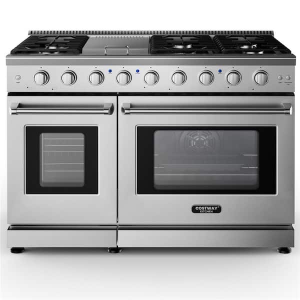 Costway 48 in. 7-Burners Natural Gas Double Oven Electric Range Burner Grate in Silver Freestanding