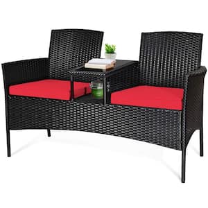 Black Wicker Outdoor Loveseat with Red Cushions and Center Tea Table