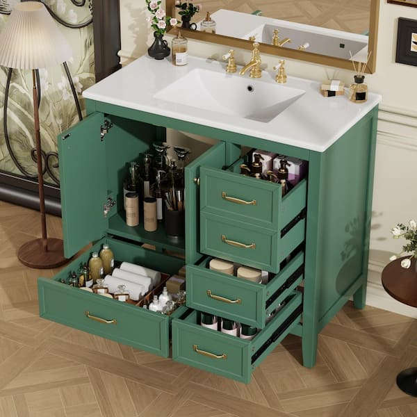 36 in. Single Sink Freestanding Green Bath Vanity with White Ceramic Top, 4 Drawer, Unassembled
