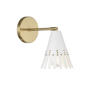 Meridian 5.75 in. W x 9 in. H 1-Light White and Natural Brass Adjustable Wall Sconce with Cutaway Metal Shade