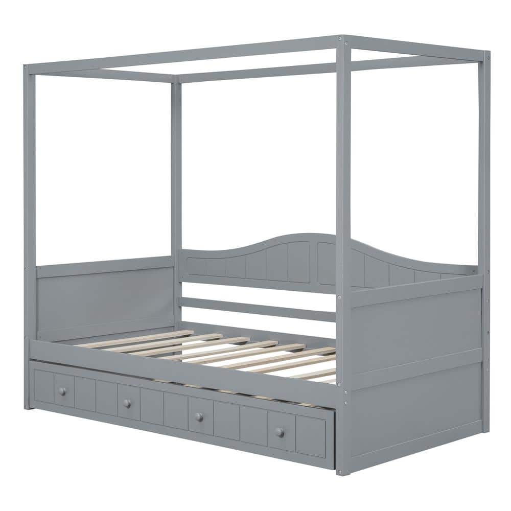 White Wood Frame Twin Size Canopy Bed, Daybed with Trundle - thumbnail 5