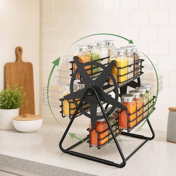 Black Metal Countertop Mount Rotating Spice Rack with Spice Jars and Labels for Kitchen Cabinet Seasoning Storage