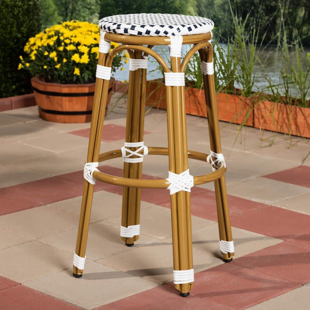Navy and White Woven Aluminum Armless Bar Stool