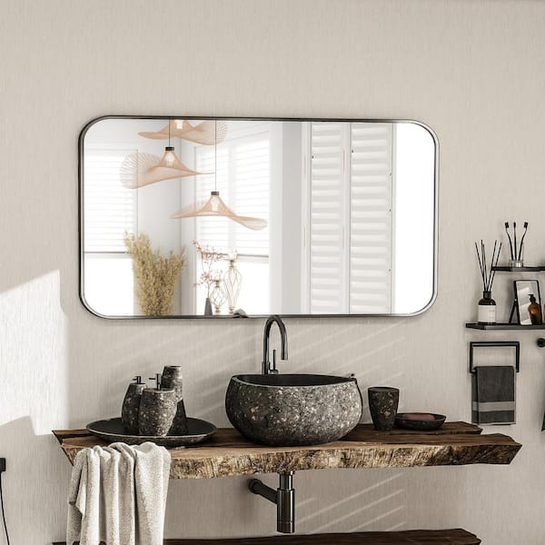 Black 30 in. W x 60 in. H Rectangular Rounded Aluminum Alloy Framed Bathroom Mirror Wall Mirror