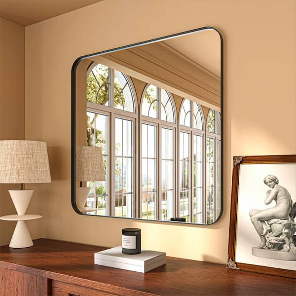 ORGANNICE 36 in. W x 36 in. H Rectangular Aluminum Framed Modern Black Rounded Wall Mirror
