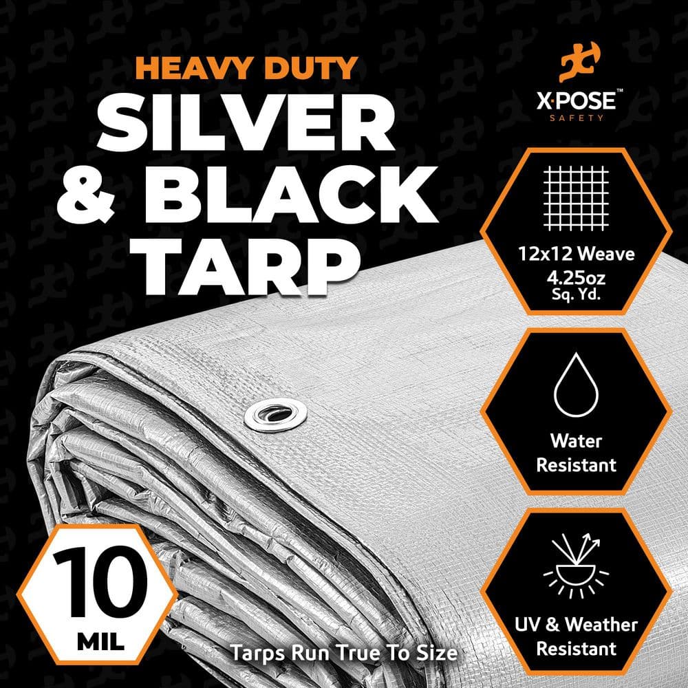 Heavy Duty Silver and Black Polyethylene Tarp with Brass Grommets, 25' x 40'