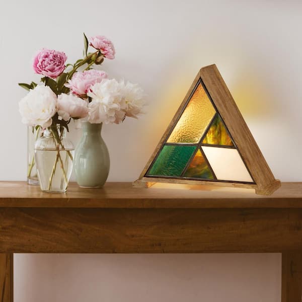 Chelsea 11 in. Wood Triangle Accent Lamp with Amber, Green, Multicolored, and White Glass and Wood Shade