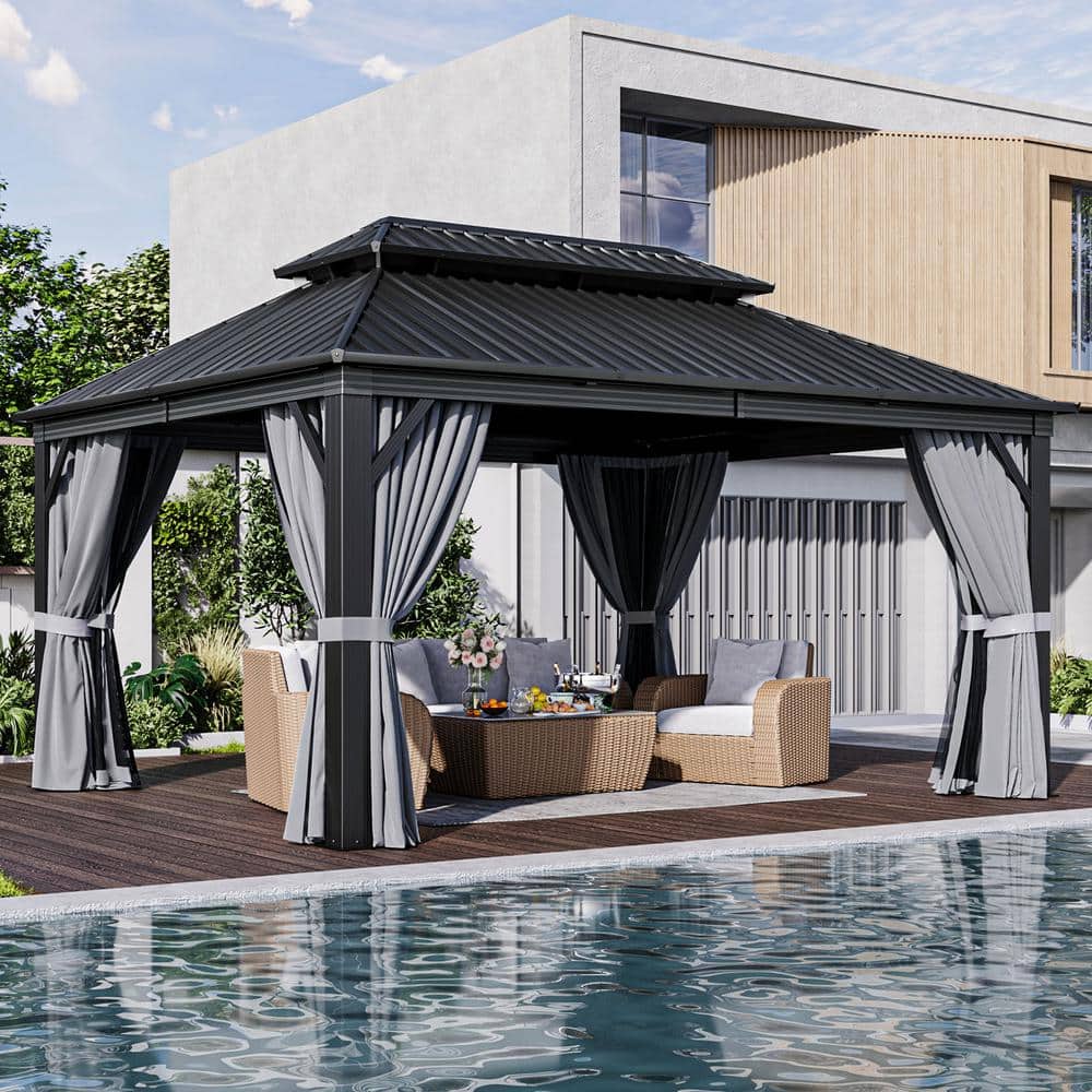16 ft. W x 12 ft. D Patio Galvanized Steel Double Roof Hardtop Gazebo with Aluminum Frame, Ceiling Hook, Curtain and Net price history on PriceWatchPro
