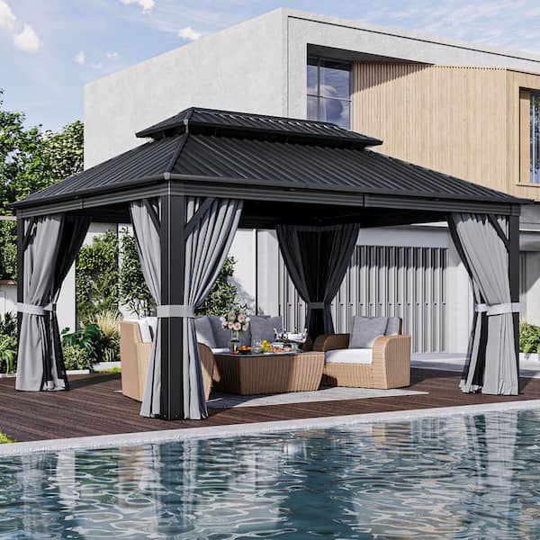 16 ft. W x 12 ft. D Patio Galvanized Steel Double Roof Hardtop Gazebo with Aluminum Frame, Ceiling Hook, Curtain and Net