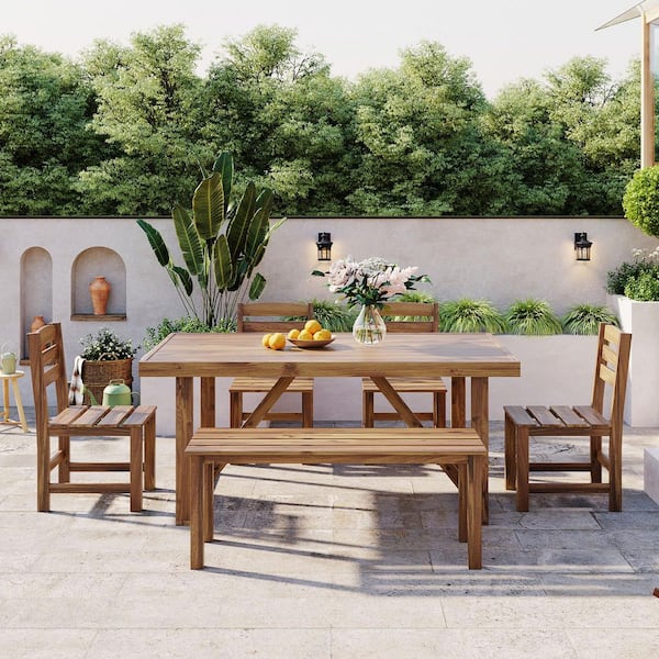Natural 6-Piece Acacia Wood Outdoor Dining Set with Dining Table