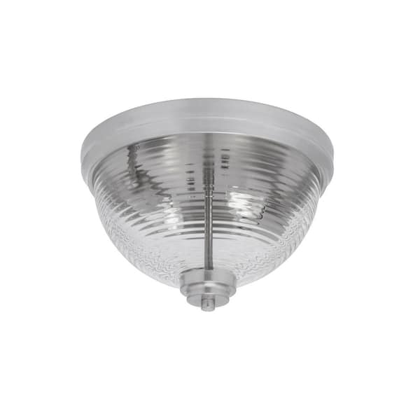 Unbranded Ashland 12 in. 2 Light Brushed Nickel Flush Mount with Clear Ribbed Glass Shade No Bulbs Included