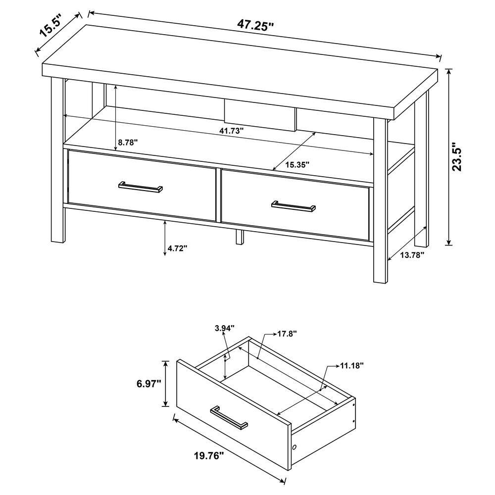 Transitional Weathered Pine TV Console with Black Legs and Storage Drawers