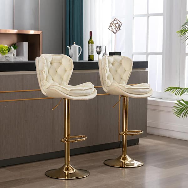 Button-dotting Tufted Cream Swivel Height Adjustable Lifting Velvet Upholstered Bar Stools with Footrest (Set of 2)