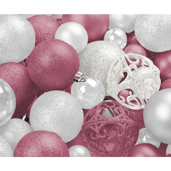 R N' D Toys Pink & White Christmas Ornament Hanging Shatterproof Balls with Metal Hooks for Indoor/Outdoor Christmas Tree (100-Pack)