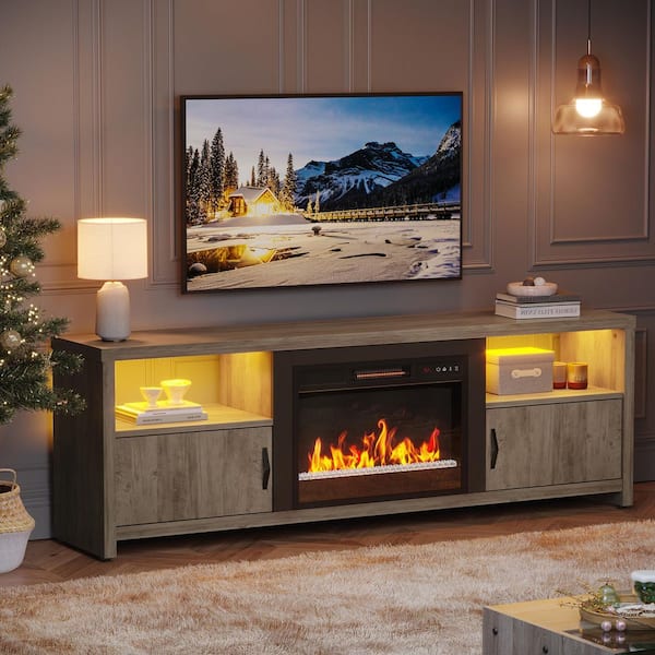 70 in. Wash Grey LED TV Stand Fits TV's Up to 75 in. Entertainment Center with Fireplace and Cabinets