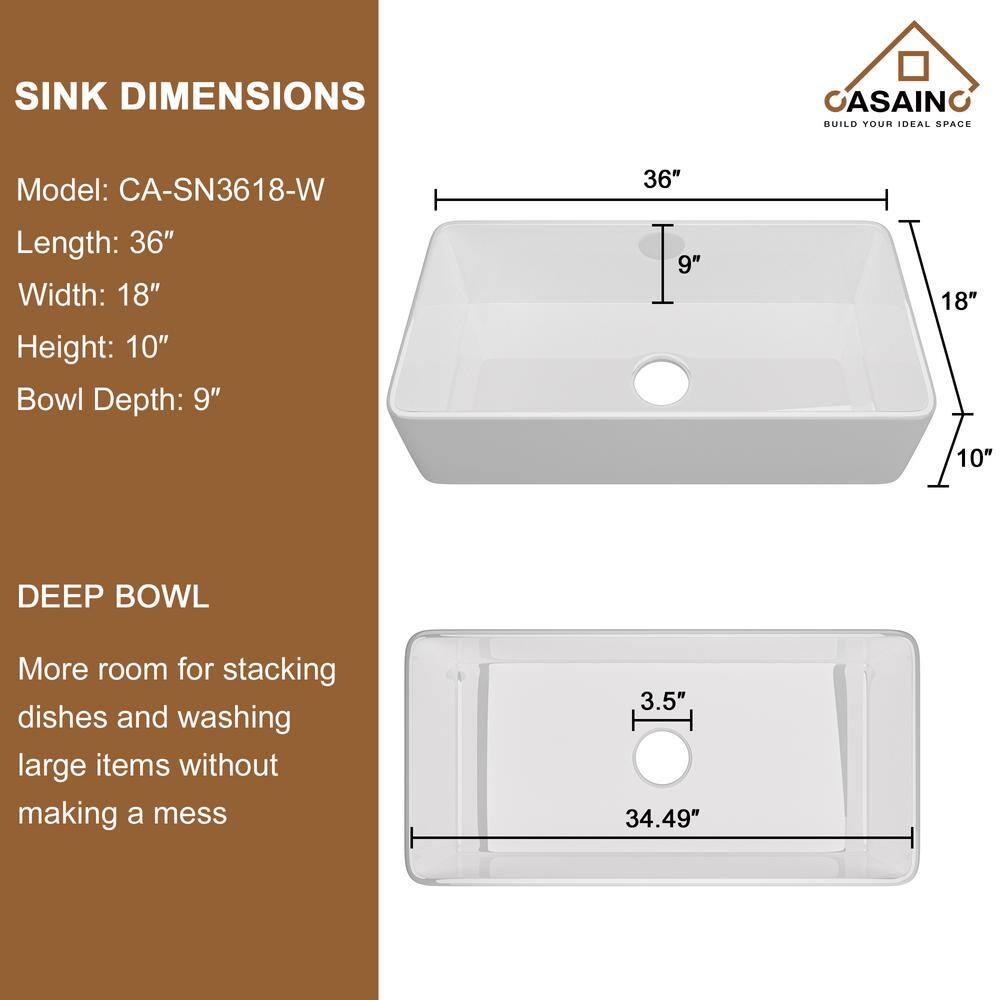 36" White Fireclay Farmhouse Kitchen Sink with Brushed Nickel Faucet