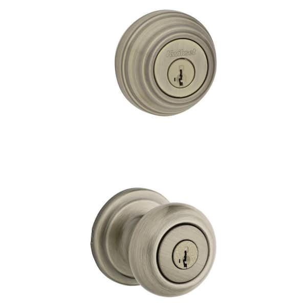 Kwikset Juno Antique Brass Exterior Entry Door Knob and Single Cylinder Deadbolt Combo Pack Featuring SmartKey Security
